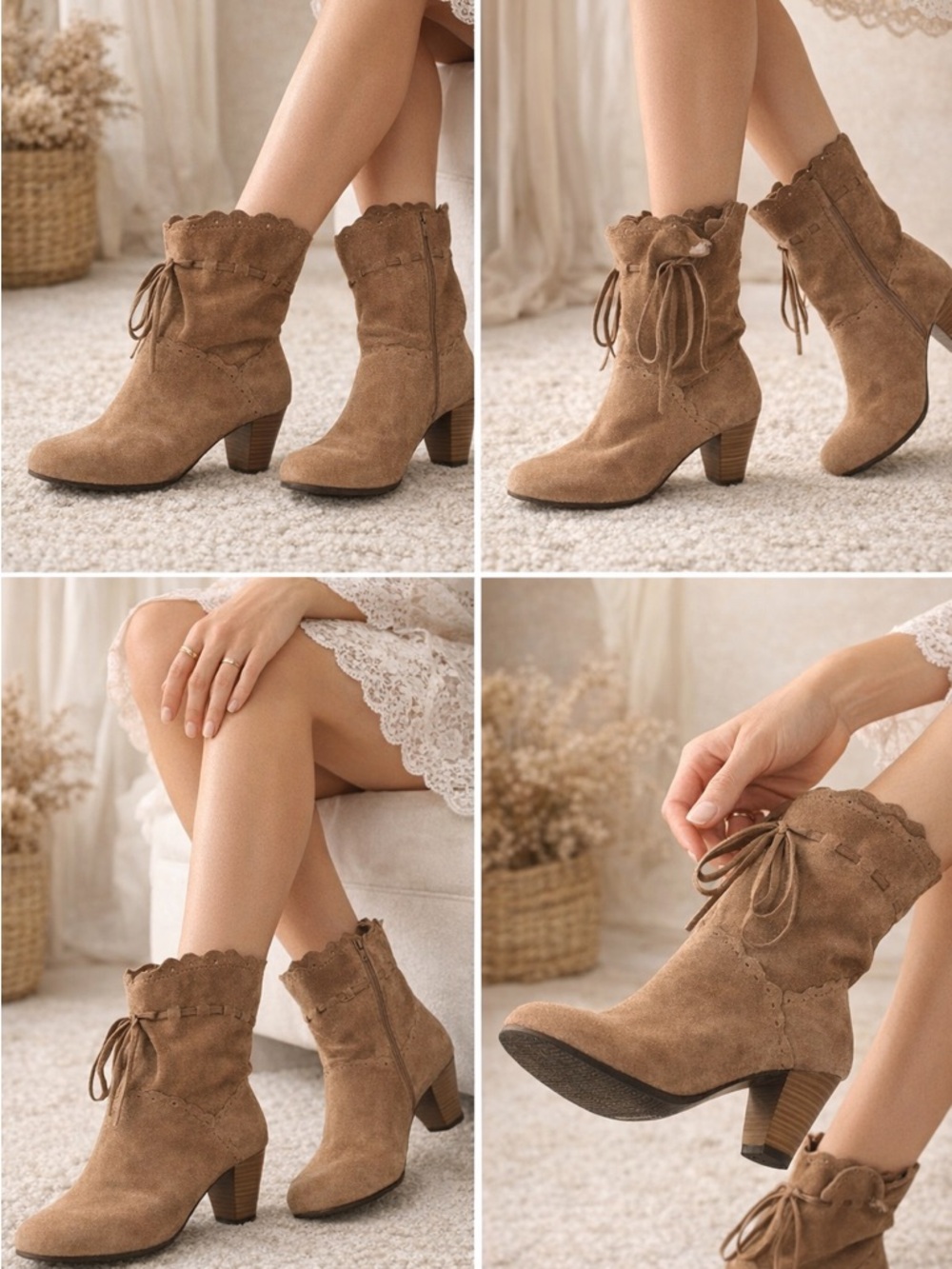 Women's Tan Suede Scalloped Ankle Boots
